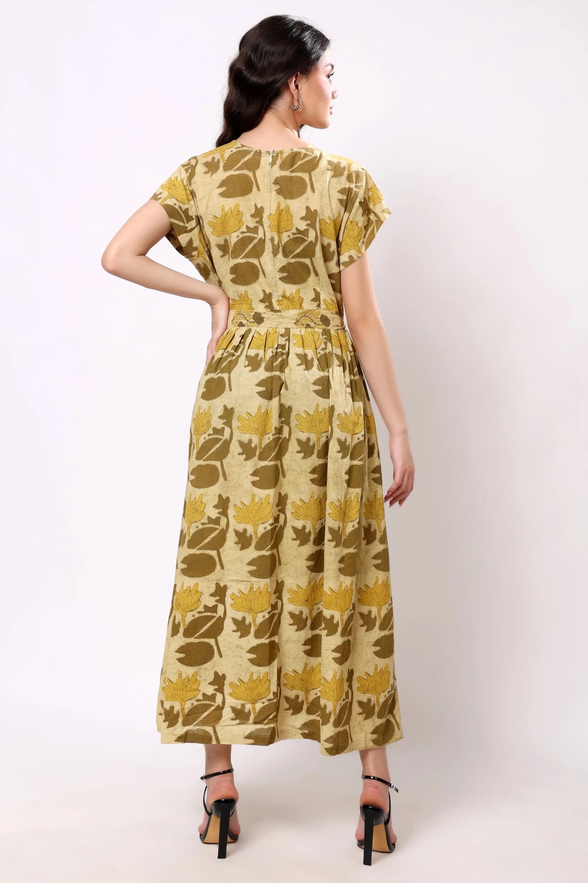 Sajag Mustard Botanical Print Wrap-Front Midi Dress