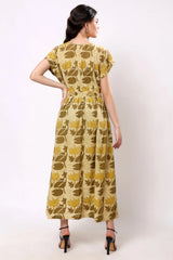 Sajag Mustard Botanical Print Wrap-Front Midi Dress