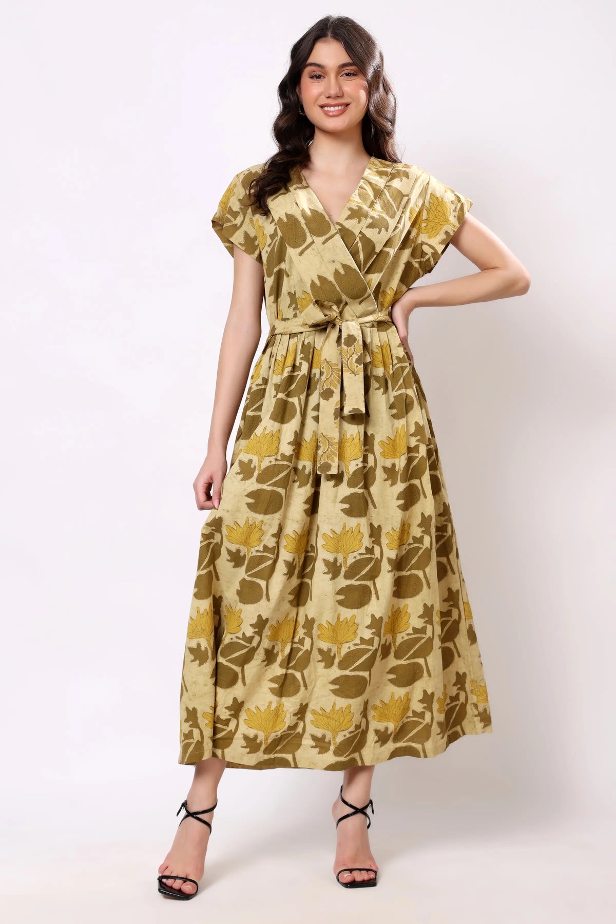 Sajag Mustard Botanical Print Wrap-Front Midi Dress