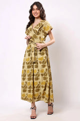 Sajag Mustard Botanical Print Wrap-Front Midi Dress