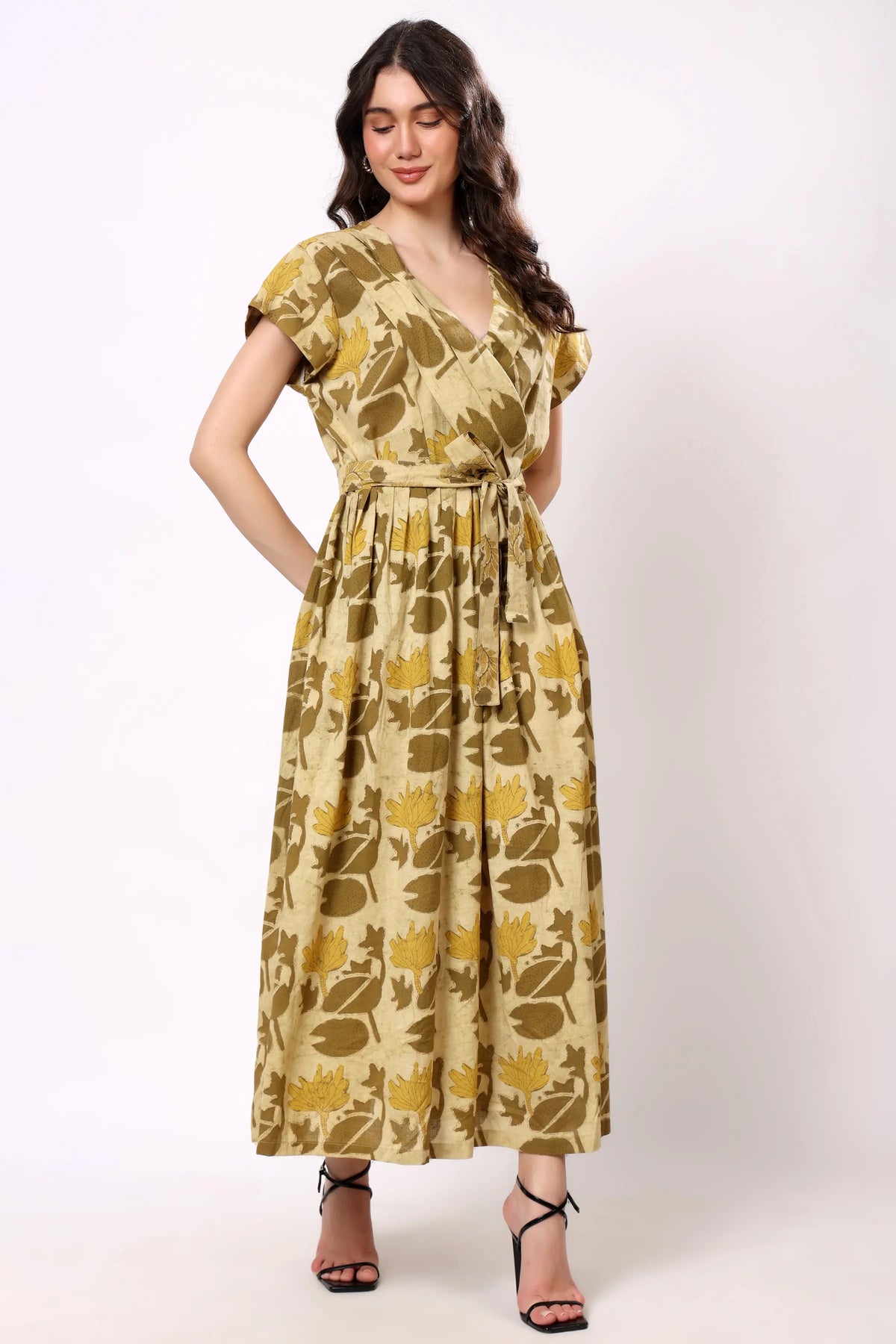 Sajag Mustard Botanical Print Wrap-Front Midi Dress