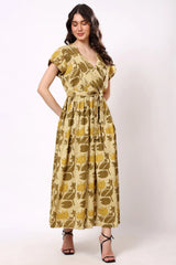 Sajag Mustard Botanical Print Wrap-Front Midi Dress
