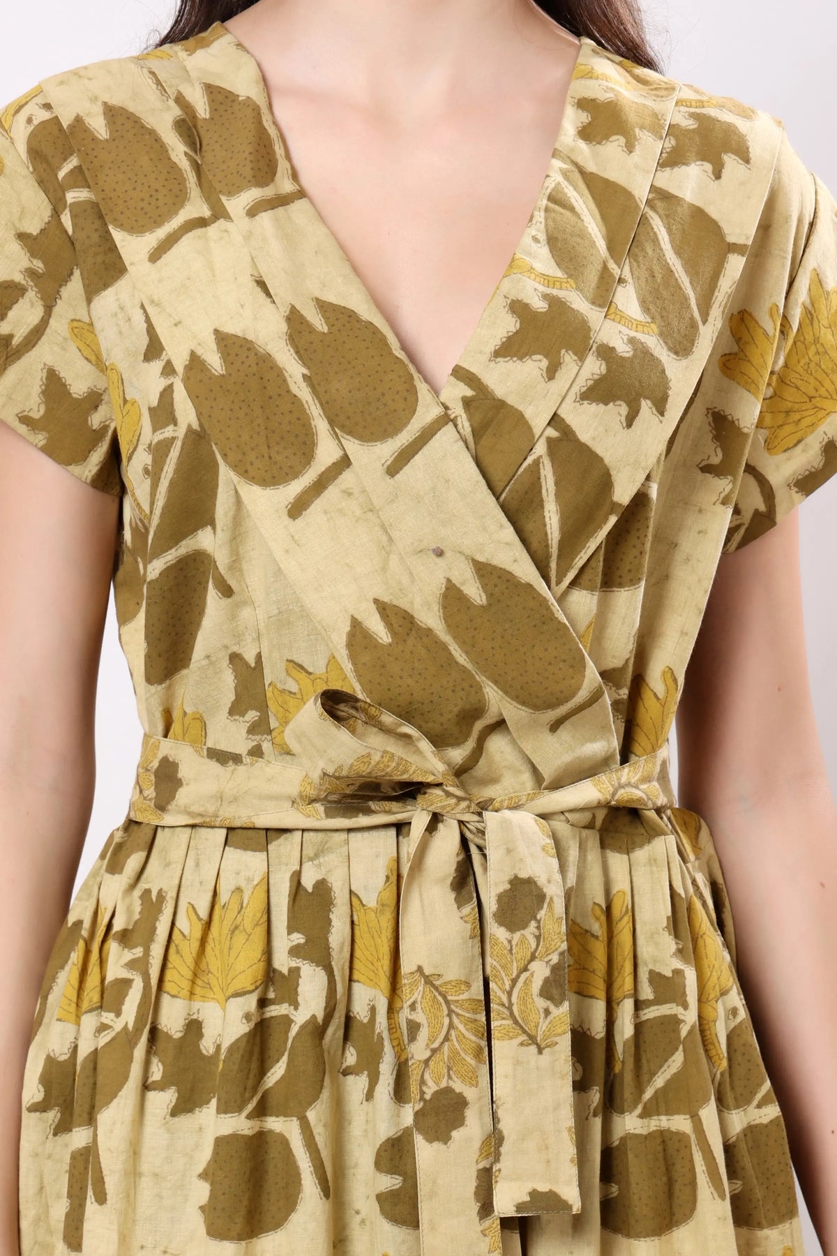Sajag Mustard Botanical Print Wrap-Front Midi Dress