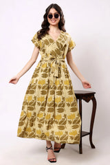 Sajag Mustard Botanical Print Wrap-Front Midi Dress