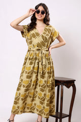 Sajag Mustard Botanical Print Wrap-Front Midi Dress