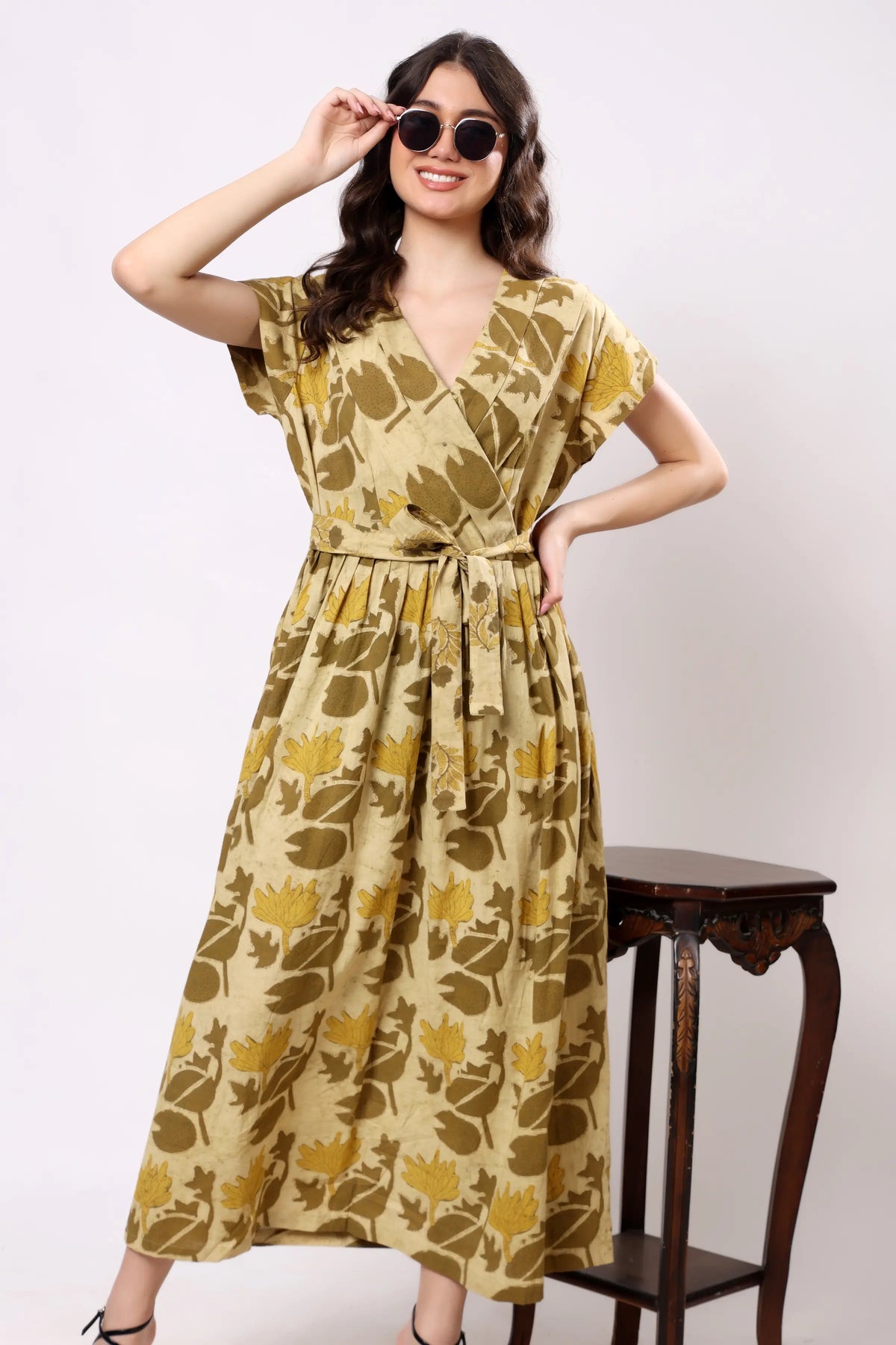 Sajag Mustard Botanical Print Wrap-Front Midi Dress