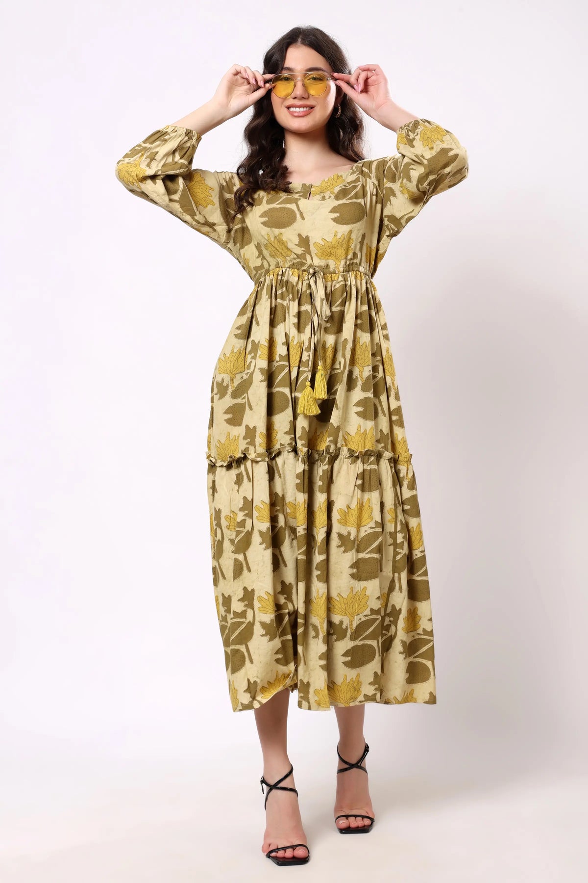 Sajag Mustard Floral Print Tie-Waist Tiered Maxi Dress