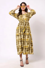 Sajag Mustard Floral Print Tie-Waist Tiered Maxi Dress