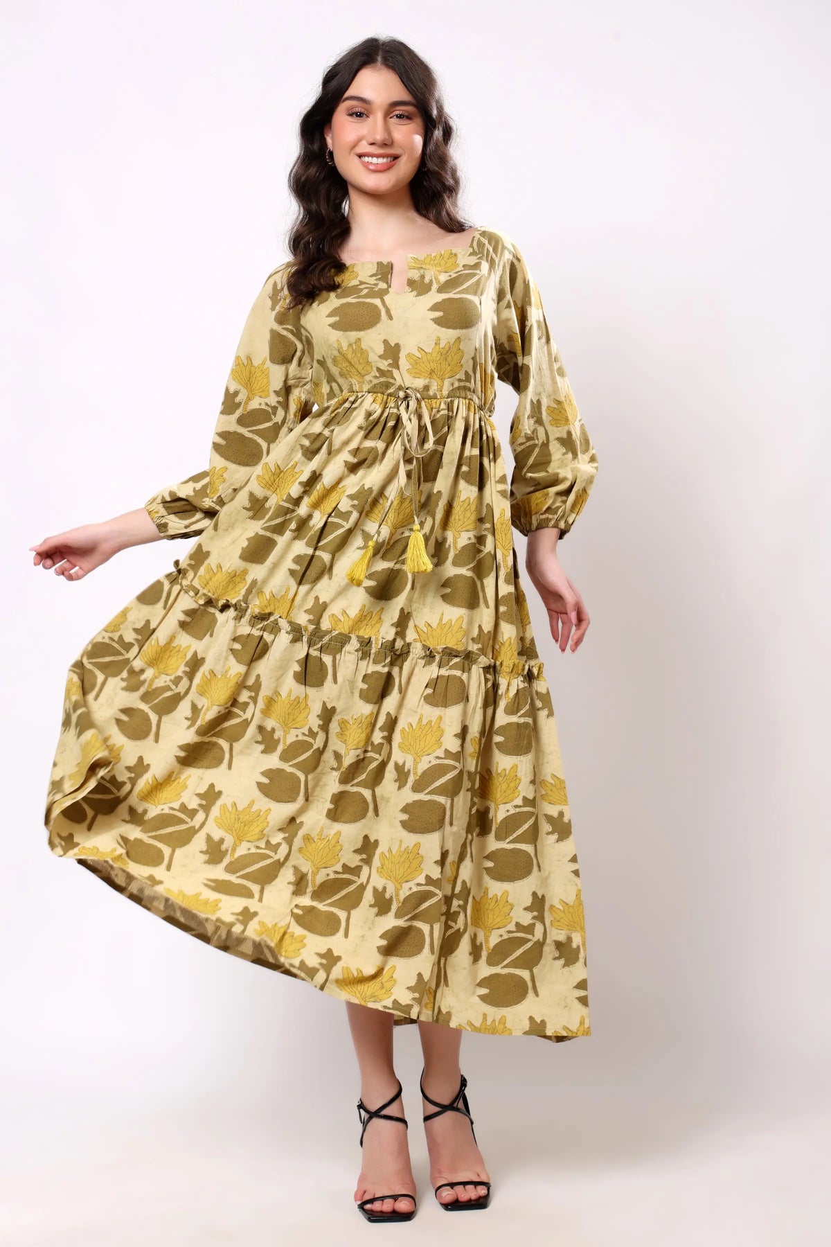 Sajag Mustard Floral Print Tie-Waist Tiered Maxi Dress