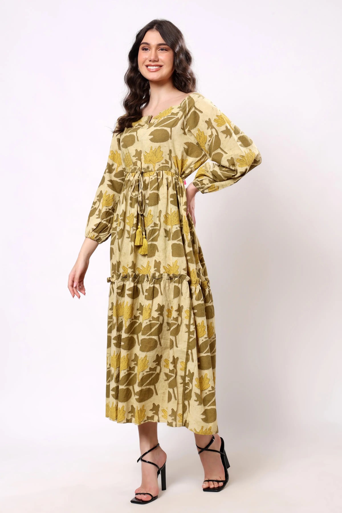 Sajag Mustard Floral Print Tie-Waist Tiered Maxi Dress