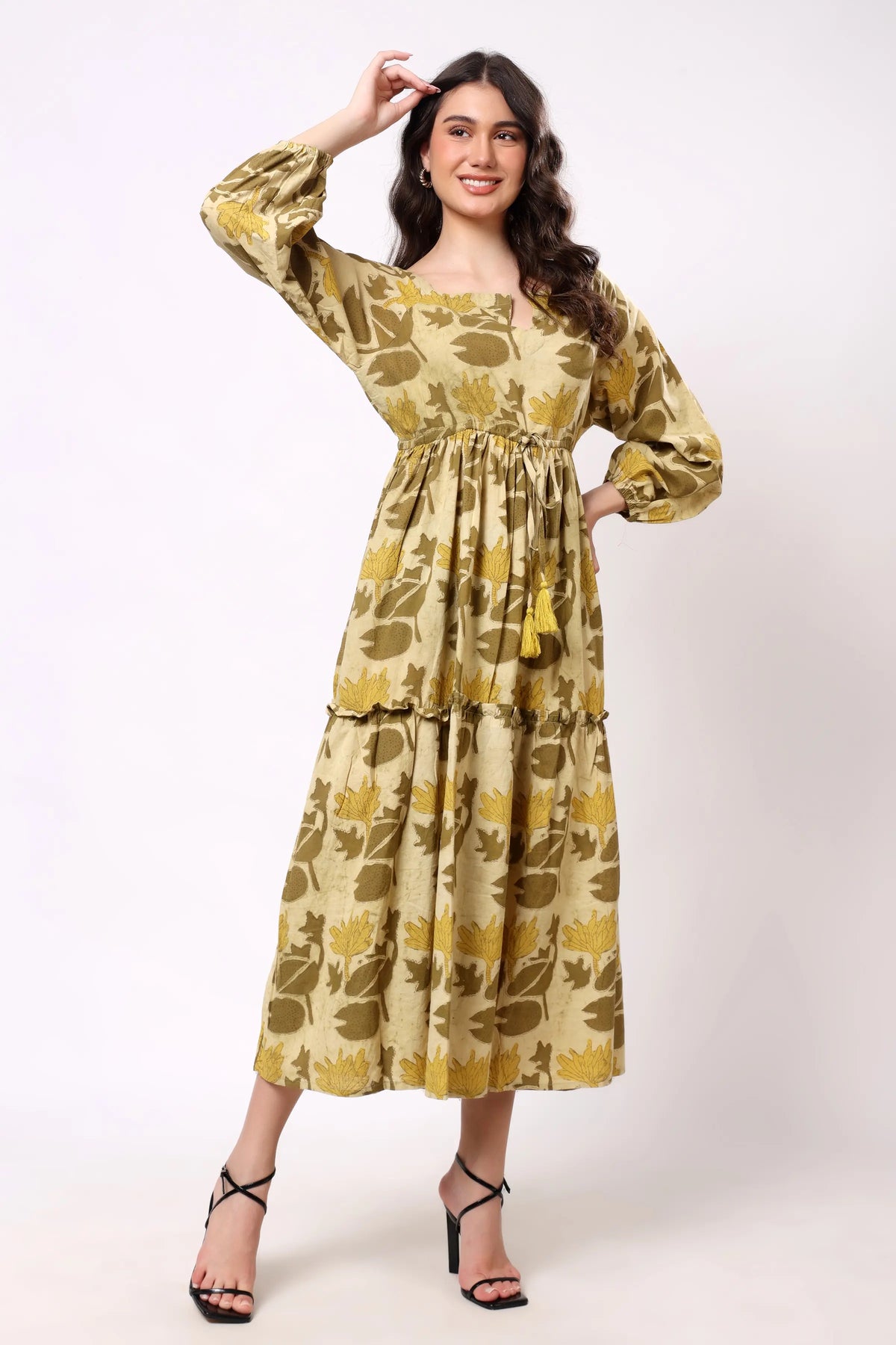 Sajag Mustard Floral Print Tie-Waist Tiered Maxi Dress