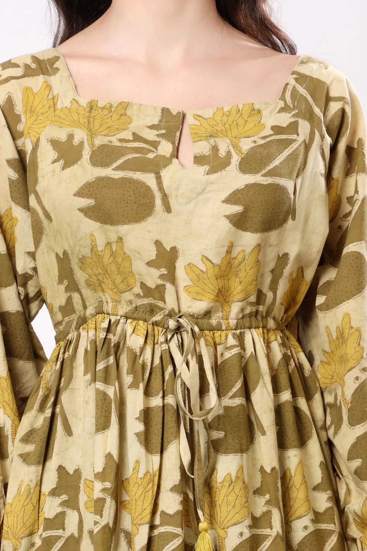 Sajag Mustard Floral Print Tie-Waist Tiered Maxi Dress