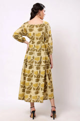 Sajag Mustard Floral Print Tie-Waist Tiered Maxi Dress