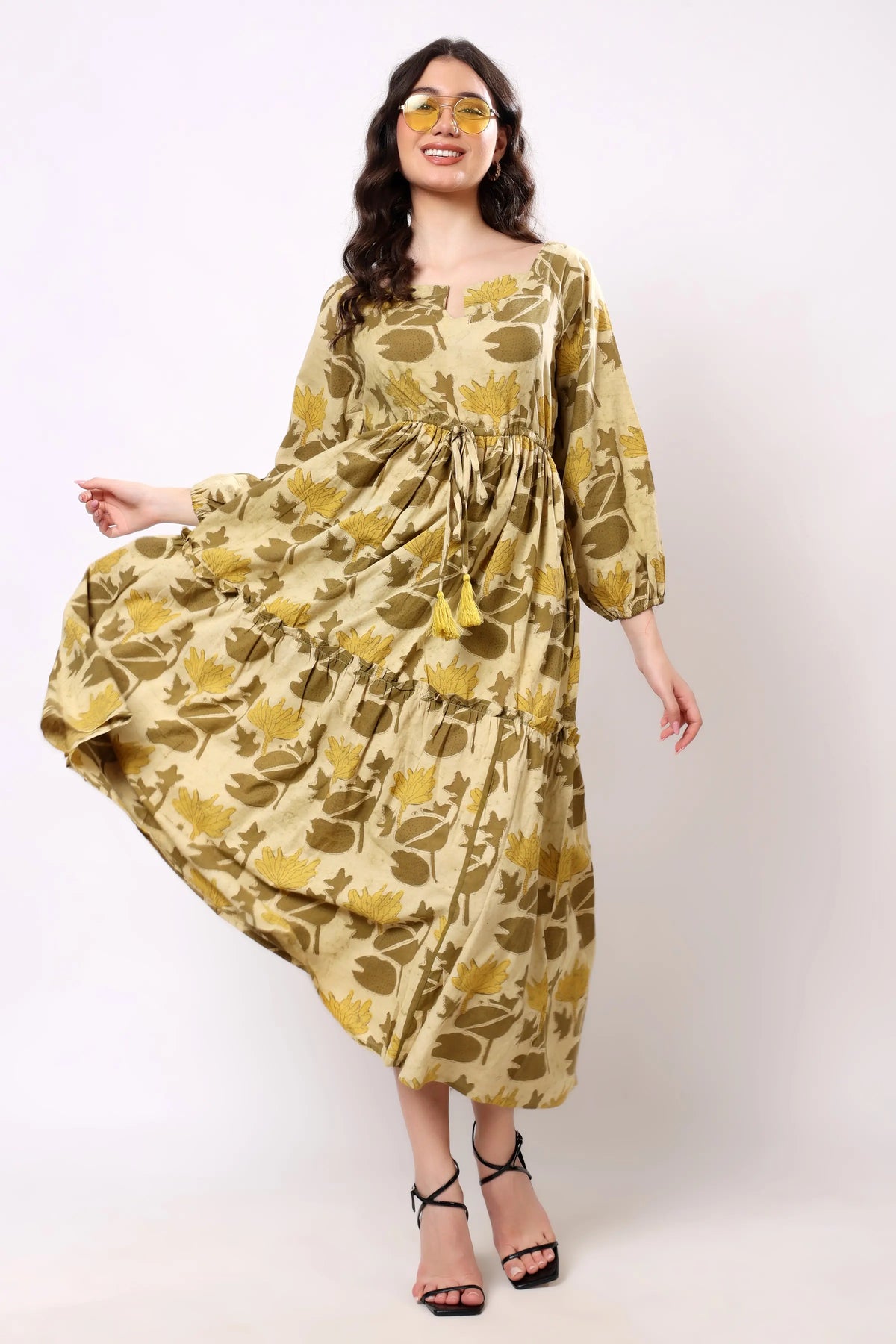 Sajag Mustard Floral Print Tie-Waist Tiered Maxi Dress