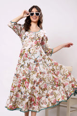 Sajag Off-White Floral Print Gathered-Waist Midi Dress