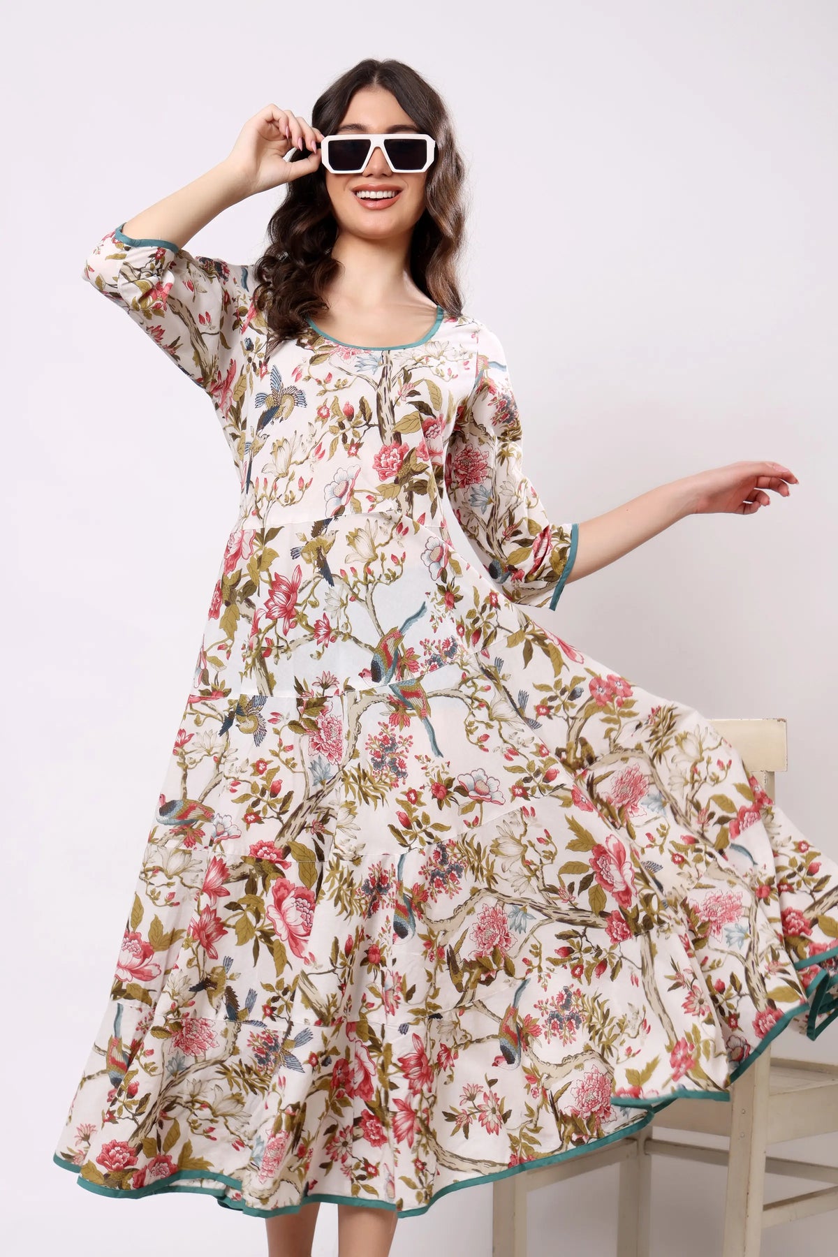 Sajag Off-White Floral Print Gathered-Waist Midi Dress