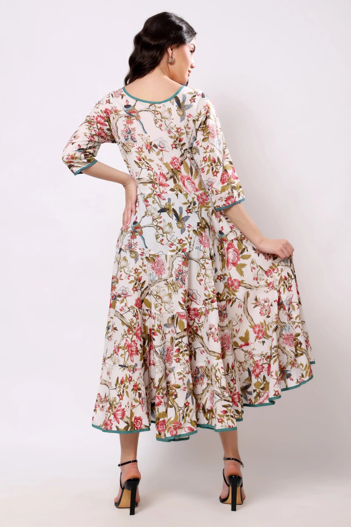 Sajag Off-White Floral Print Gathered-Waist Midi Dress