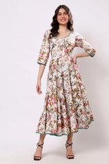 Sajag Off-White Floral Print Gathered-Waist Midi Dress