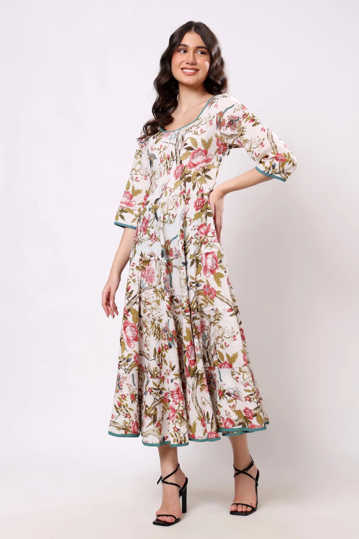 Sajag Off-White Floral Print Gathered-Waist Midi Dress