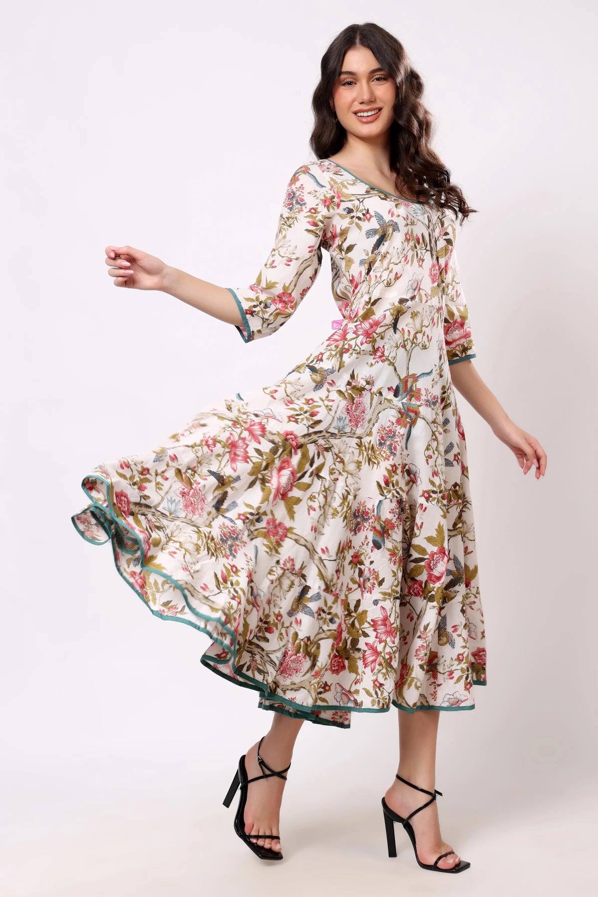 Sajag Off-White Floral Print Gathered-Waist Midi Dress