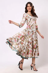 Sajag Off-White Floral Print Gathered-Waist Midi Dress