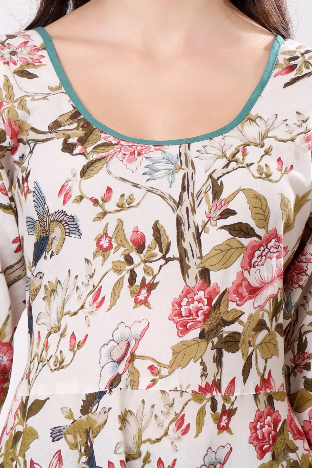 Sajag Off-White Floral Print Gathered-Waist Midi Dress