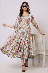 Sajag Off-White Floral Print Gathered-Waist Midi Dress