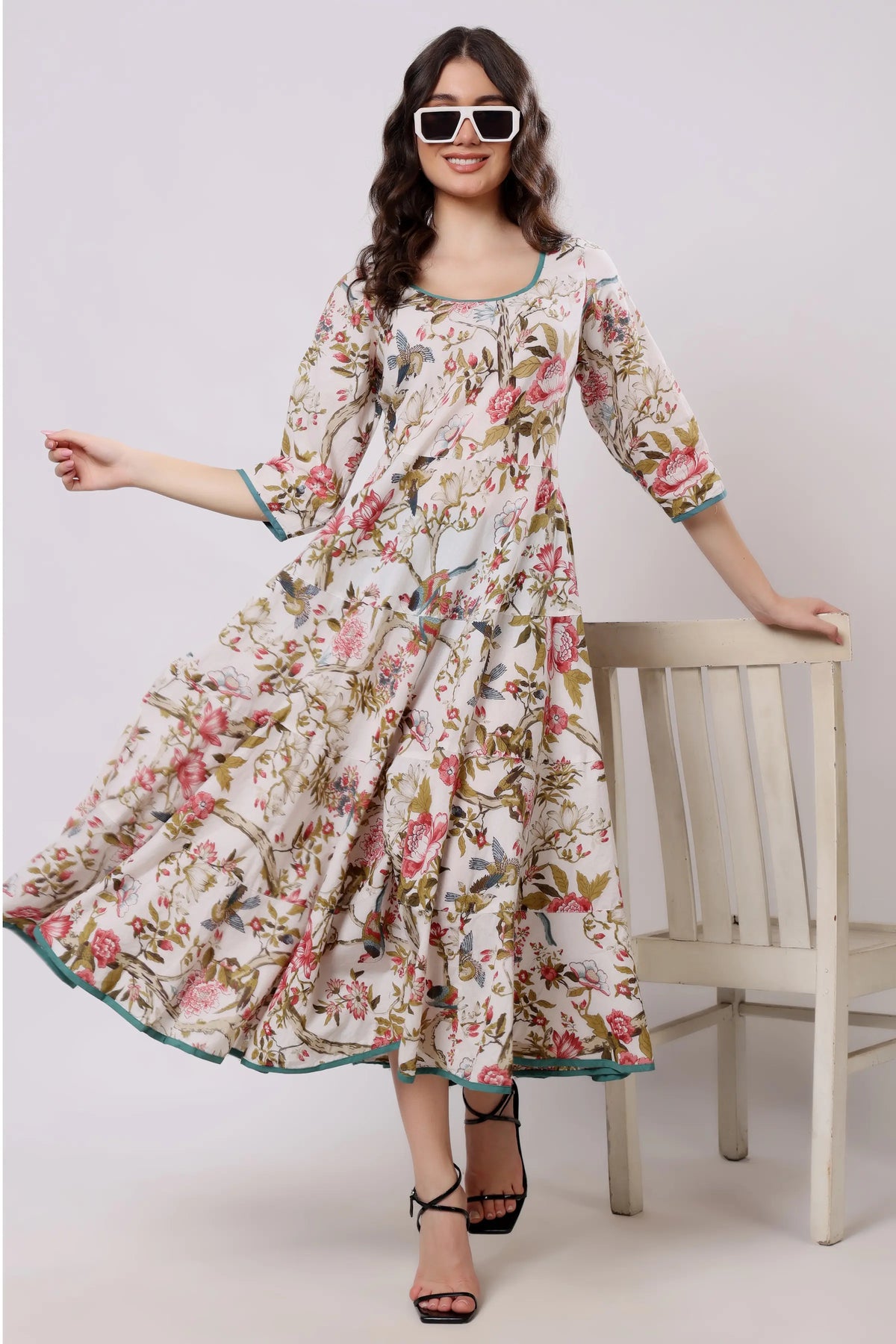 Sajag Off-White Floral Print Gathered-Waist Midi Dress