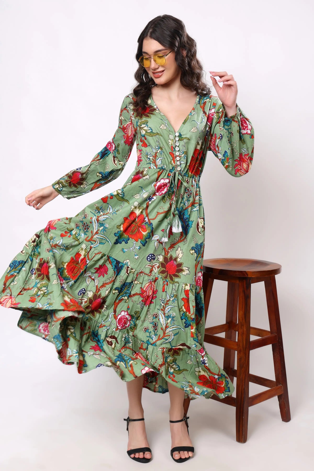 Sajag Sage Green Floral Print Gathered-Waist Tiered Midi Dress