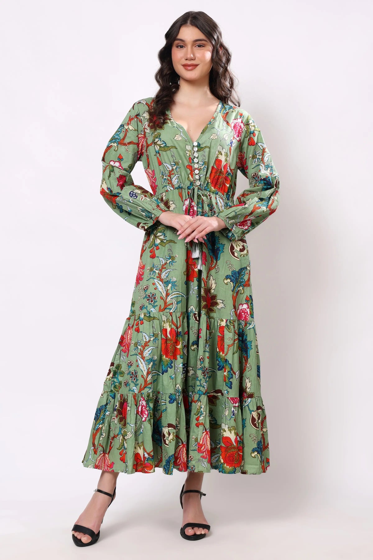 Sajag Sage Green Floral Print Gathered-Waist Tiered Midi Dress
