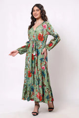 Sajag Sage Green Floral Print Gathered-Waist Tiered Midi Dress