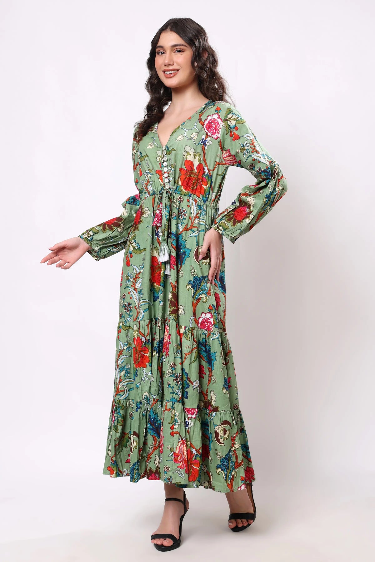 Sajag Sage Green Floral Print Gathered-Waist Tiered Midi Dress