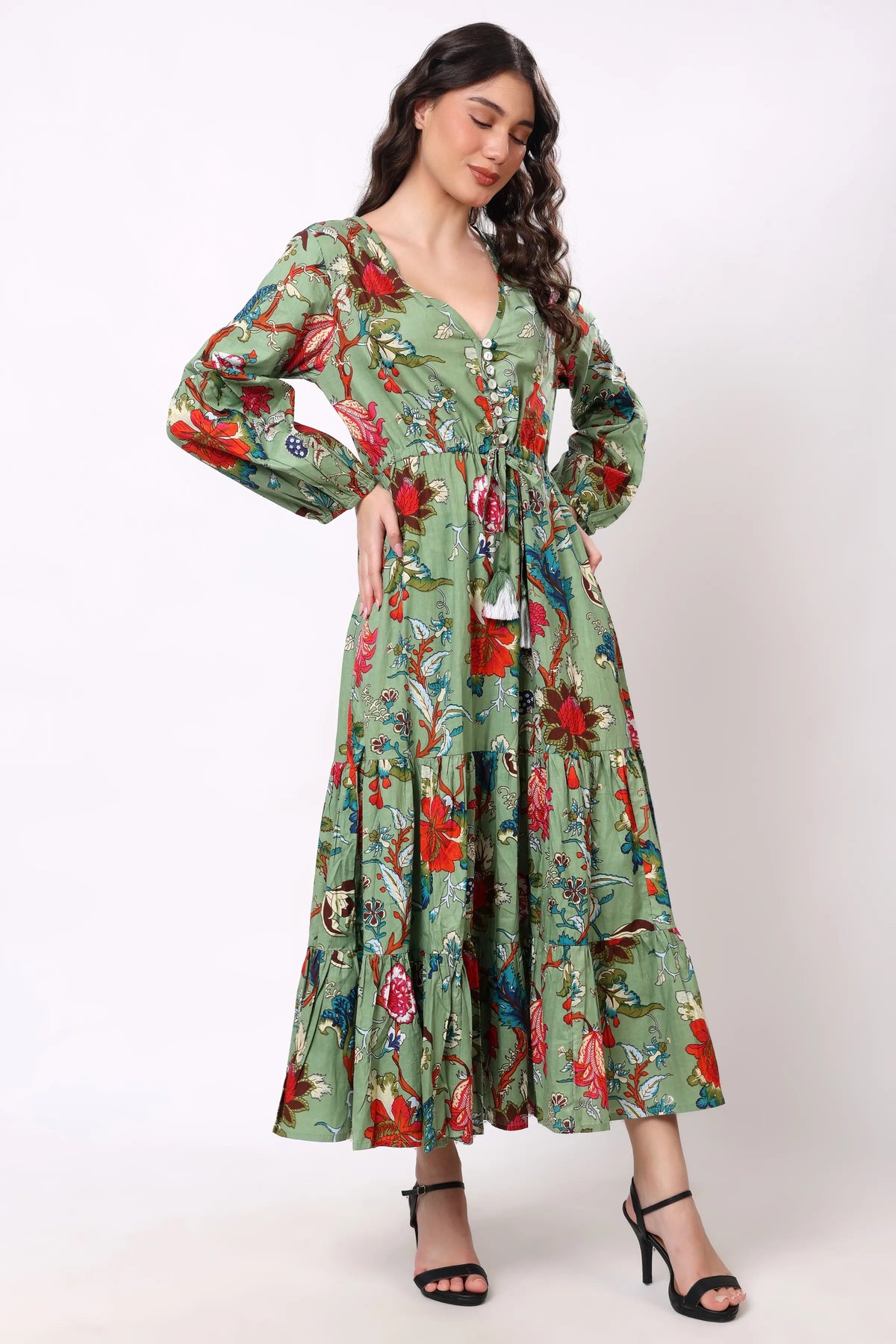 Sajag Sage Green Floral Print Gathered-Waist Tiered Midi Dress