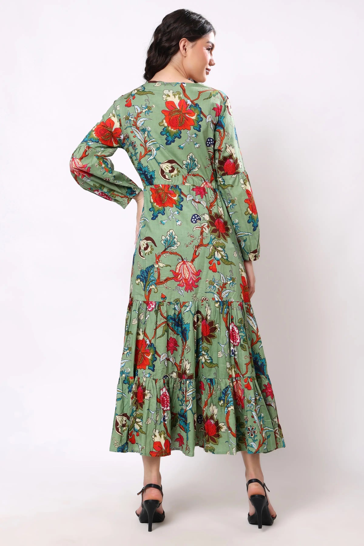 Sajag Sage Green Floral Print Gathered-Waist Tiered Midi Dress