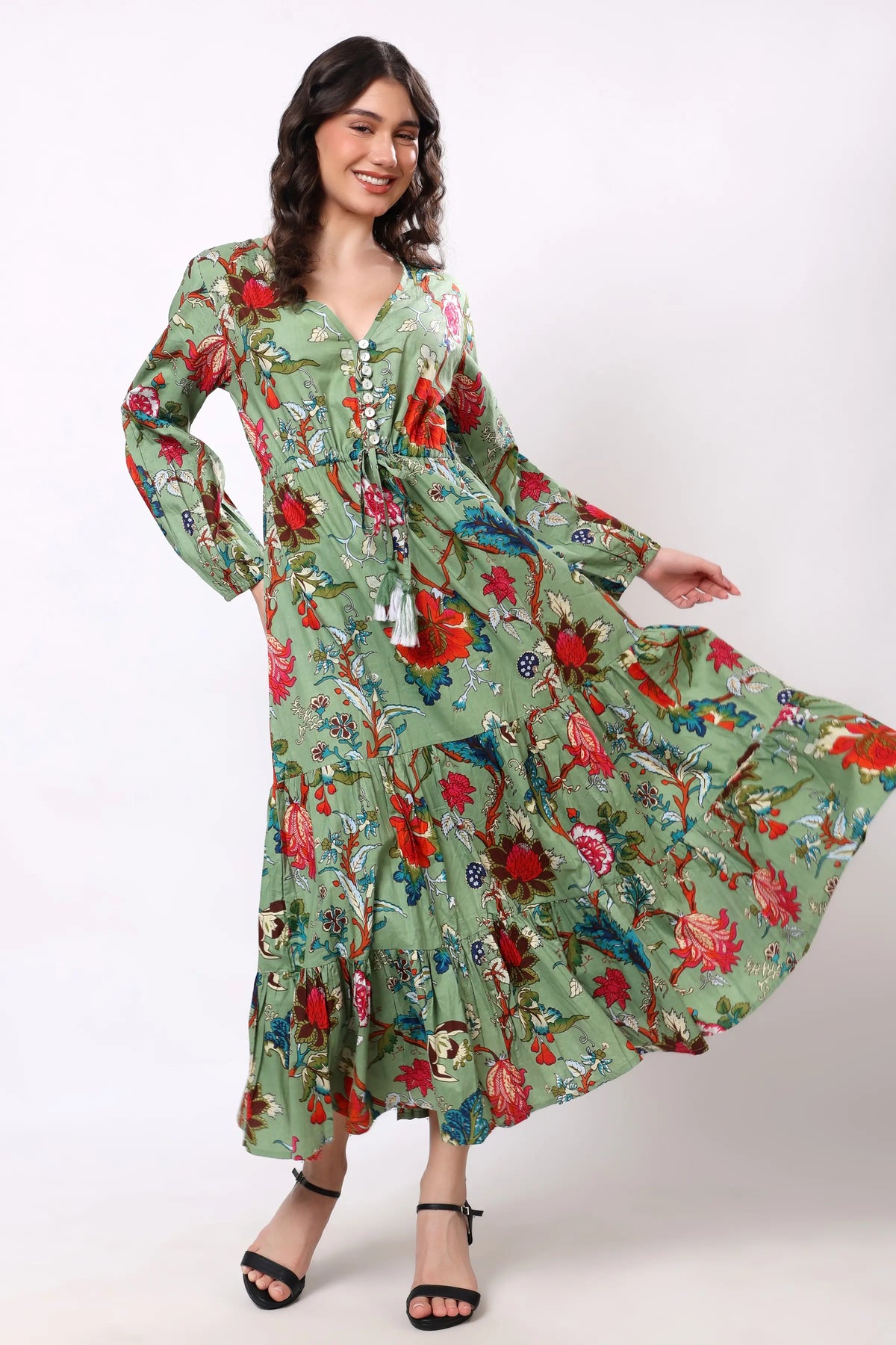 Sajag Sage Green Floral Print Gathered-Waist Tiered Midi Dress
