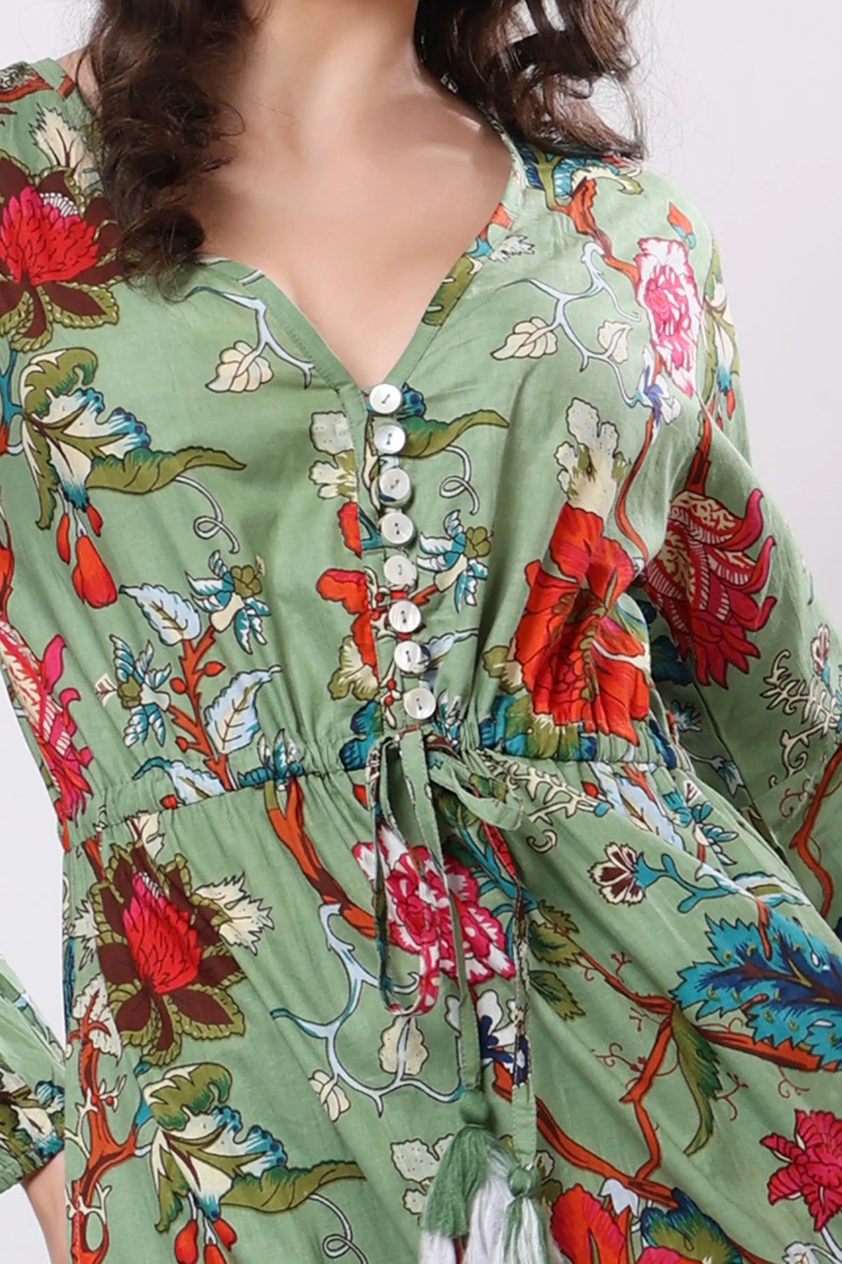Sajag Sage Green Floral Print Gathered-Waist Tiered Midi Dress