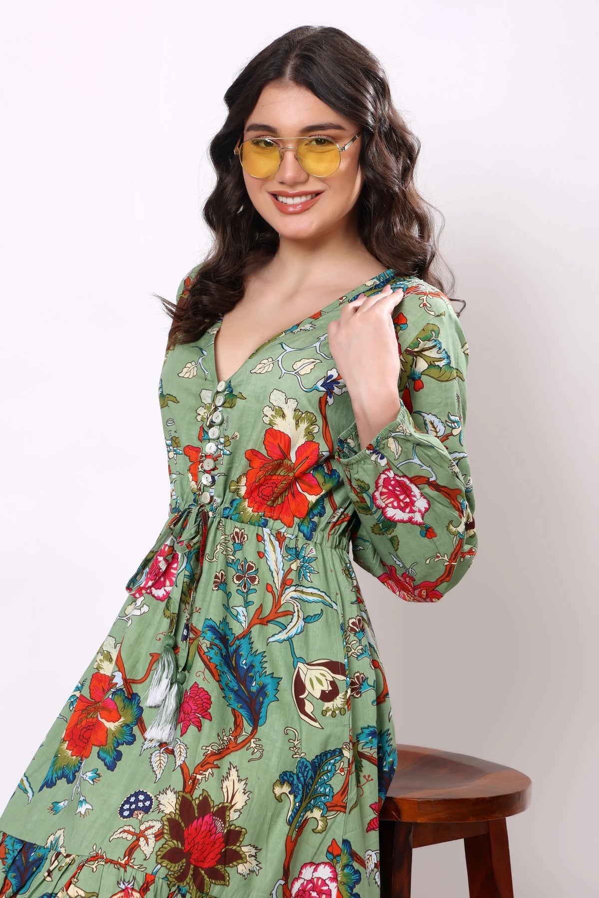 Sajag Sage Green Floral Print Gathered-Waist Tiered Midi Dress