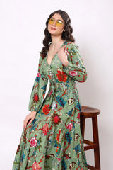 Sajag Sage Green Floral Print Gathered-Waist Tiered Midi Dress
