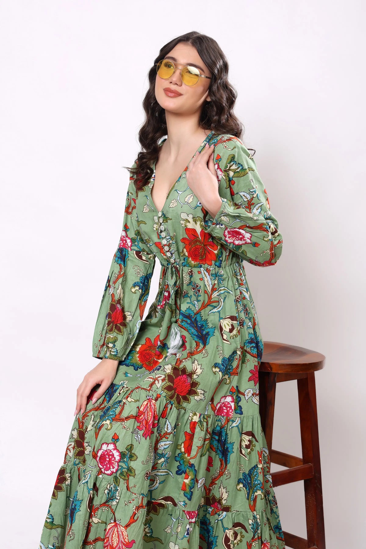 Sajag Sage Green Floral Print Gathered-Waist Tiered Midi Dress