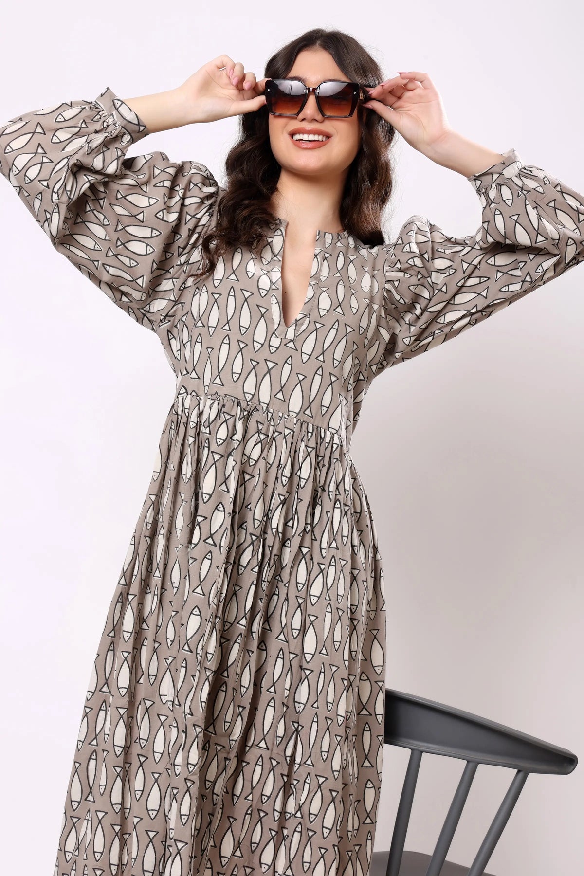 Sajag Taupe Geometric Print Gathered-Waist Midi Dress