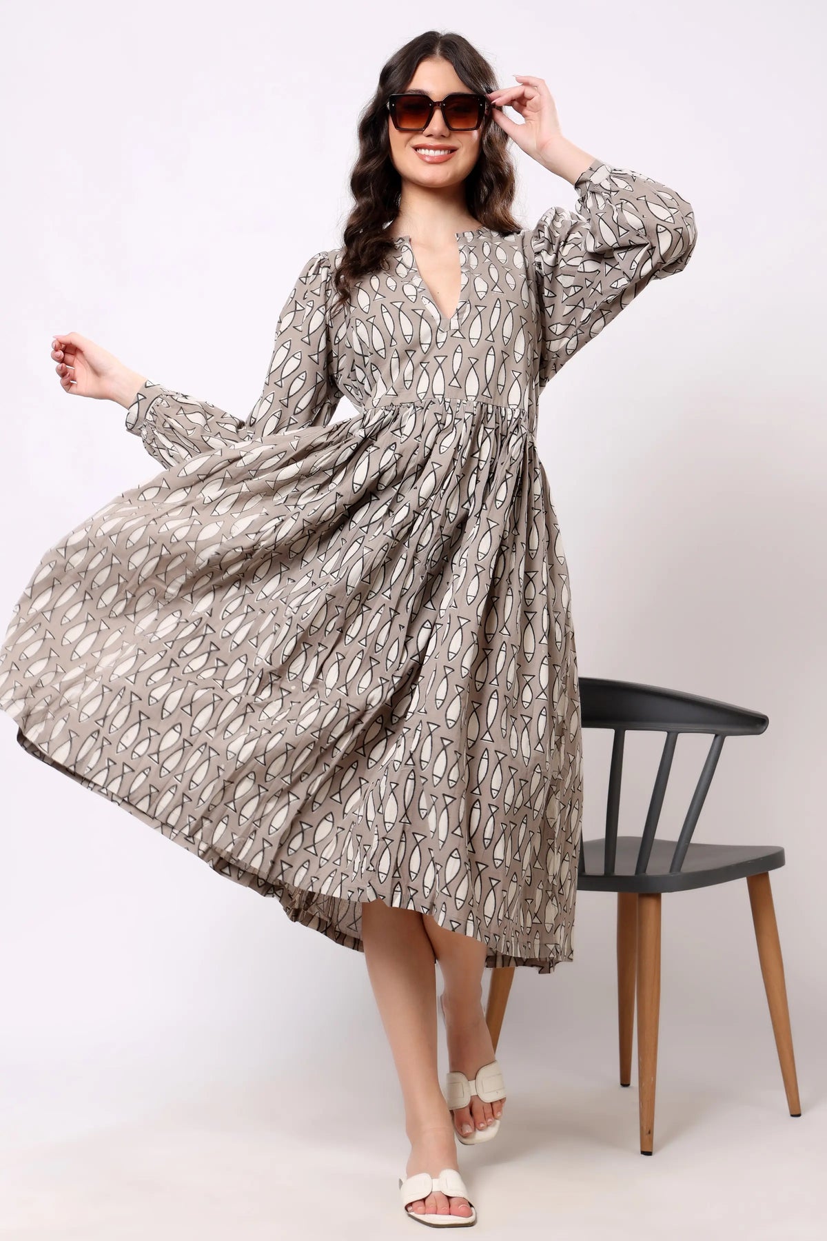 Sajag Taupe Geometric Print Gathered-Waist Midi Dress