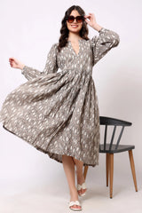 Sajag Taupe Geometric Print Gathered-Waist Midi Dress