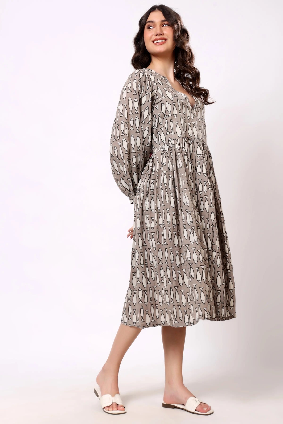 Sajag Taupe Geometric Print Gathered-Waist Midi Dress