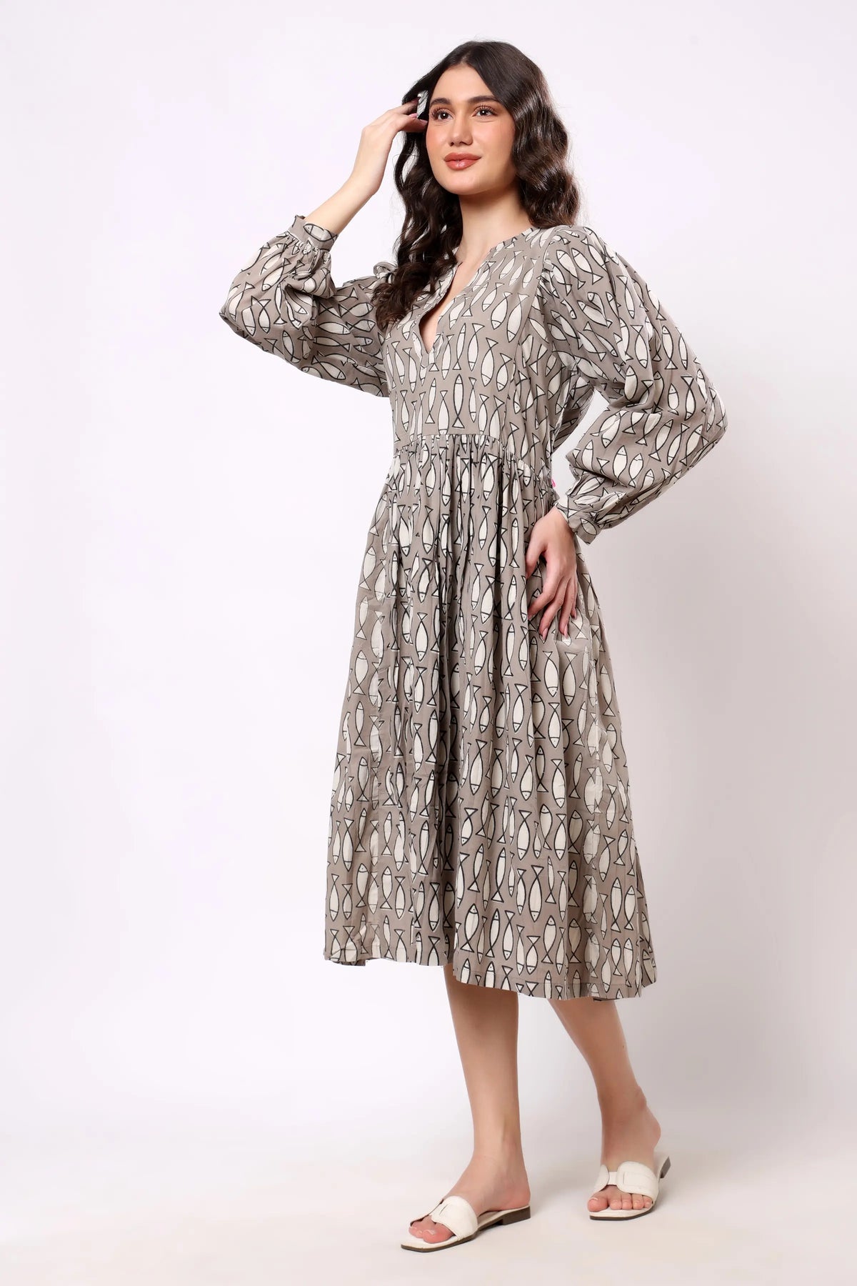 Sajag Taupe Geometric Print Gathered-Waist Midi Dress