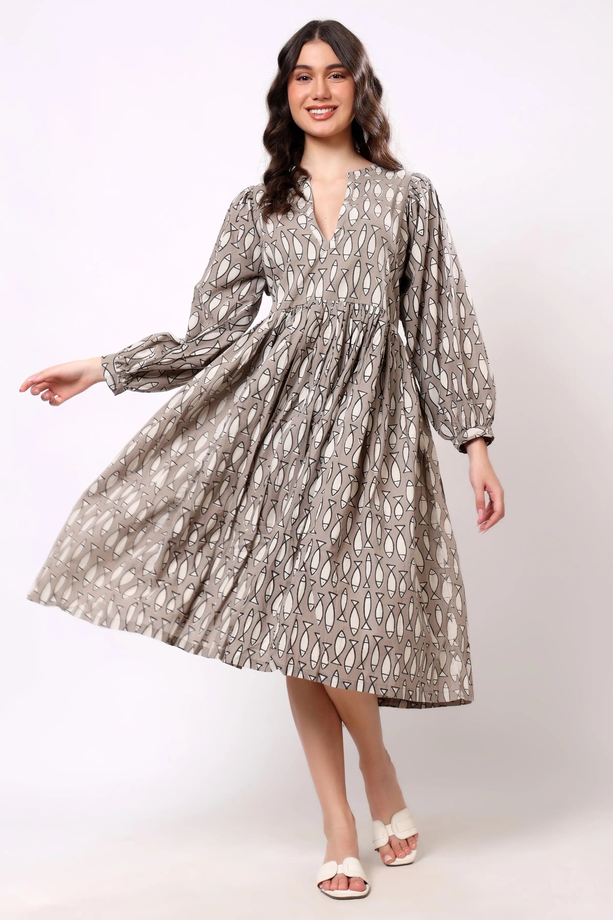 Sajag Taupe Geometric Print Gathered-Waist Midi Dress