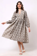 Sajag Taupe Geometric Print Gathered-Waist Midi Dress