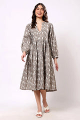 Sajag Taupe Geometric Print Gathered-Waist Midi Dress