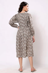 Sajag Taupe Geometric Print Gathered-Waist Midi Dress