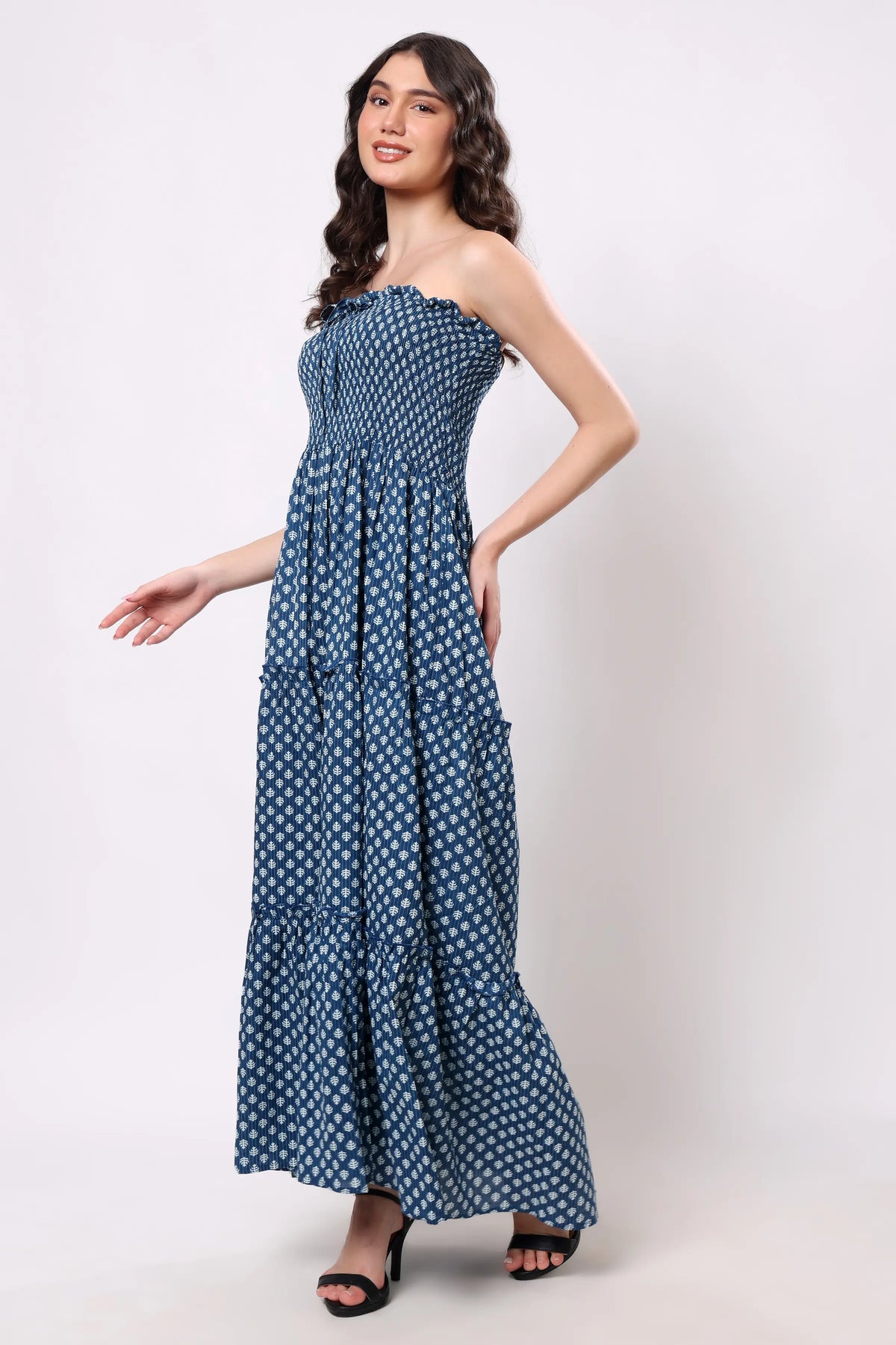Sajag Indigo Dot Cotton Tiered Maxi Dress
