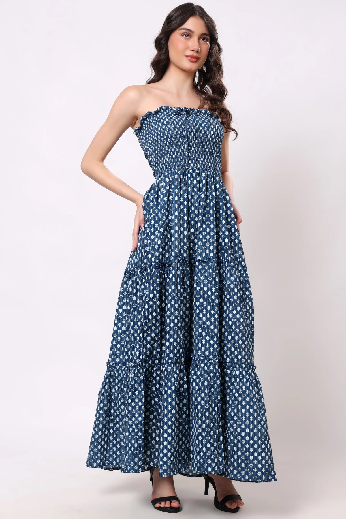 Sajag Indigo Dot Cotton Tiered Maxi Dress